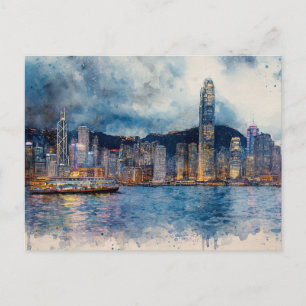 Hong Kong Stadsgezicht - Watercolor Splash Schilde Briefkaart