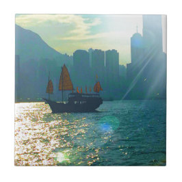 Hong Kong Victoria Harbour Aqua tones "junk" Tegeltje