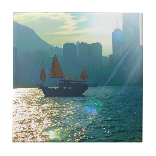 Hong Kong Victoria Harbour Aqua tones "junk" Tegeltje (Voorkant)