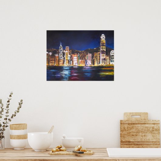 Hong Kong Vitoria Harbour nachtschilderij van uitz Poster (Keuken)