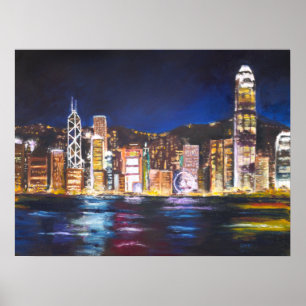 Hong Kong Vitoria Harbour nachtschilderij van uitz Poster