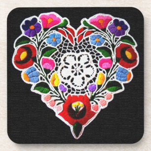 Hongaars borduurhart op zwart bier onderzetter