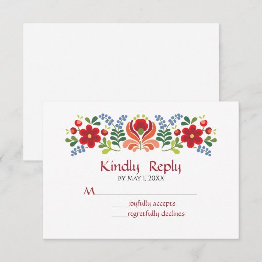 Hongaars design rode bloemen RSVP kaartje (Voorkant / Achterkant)