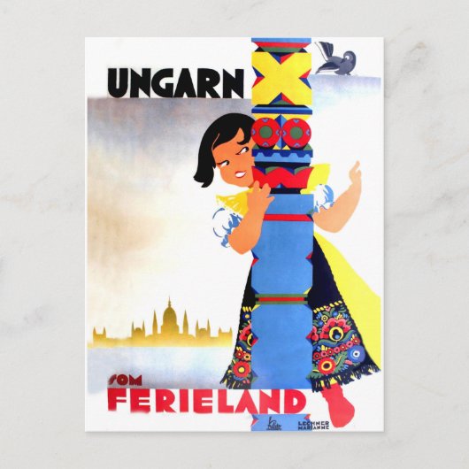 Hongaars meisje achter de pijler, oud reizen briefkaart (Voorkant)