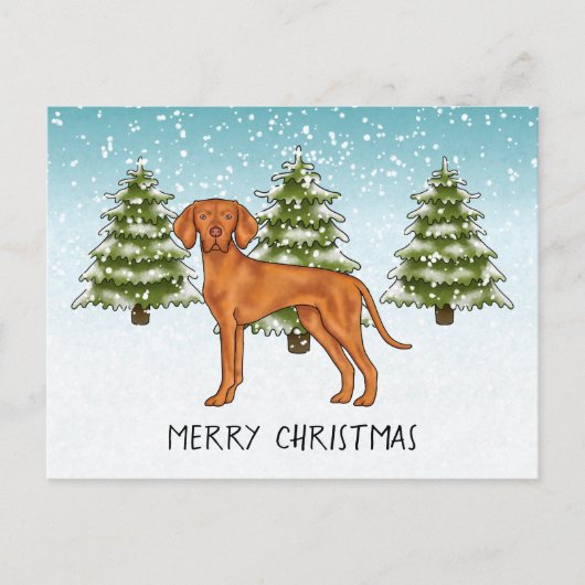 Hongaars Vizsla Hond Sneeuwig Winter Bos Feestelij Briefkaart (Voorkant)