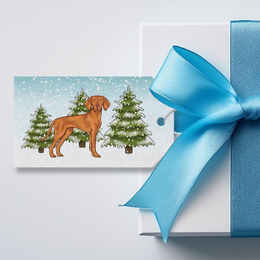 Hongaars Vizsla Hond Sneeuwig Winter Bos Feestelij Cadeaulabel