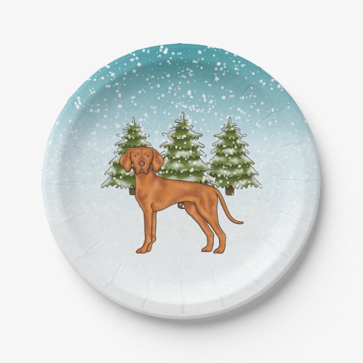 Hongaars Vizsla Hond Sneeuwig Winter Bos Feestelij Papieren Bordje (Voorkant)