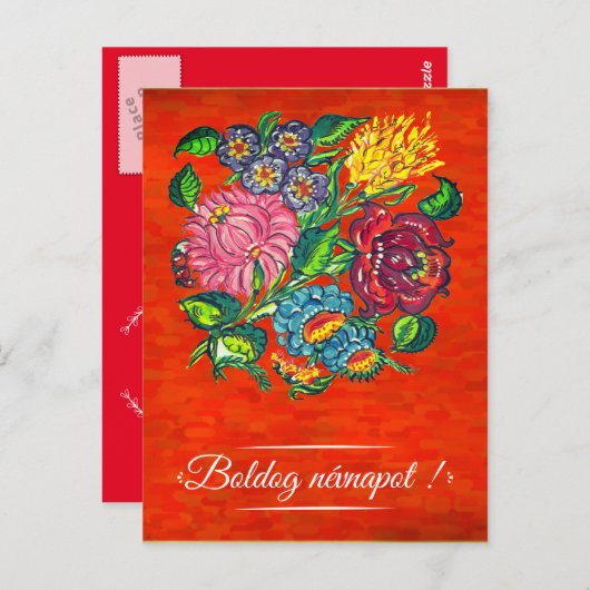 Hongaarse bloem in rood - naamdag briefkaart (Voorkant / Achterkant)