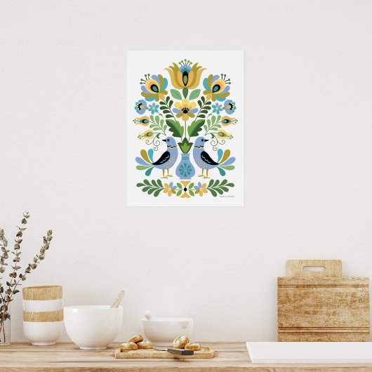 Hongaarse Folk Art Birds in Blue and Gold Poster (Keuken)