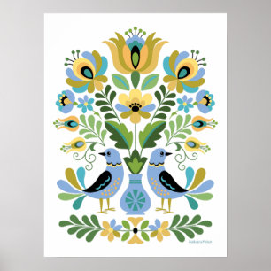 Hongaarse Folk Art Birds in Blue and Gold Poster
