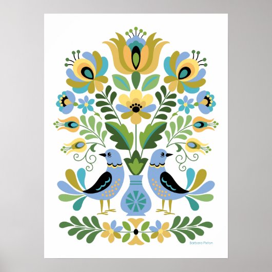 Hongaarse Folk Art Birds in Blue and Gold Poster (Voorkant)