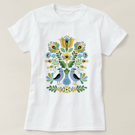 Hongaarse Folk Art Birds in Blue and Gold T-shirt (Design voorkant)