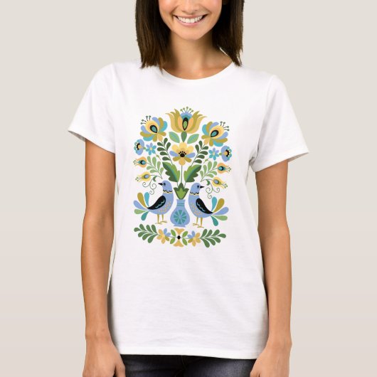 Hongaarse Folk Art Birds in Blue and Gold T-shirt (Voorkant)