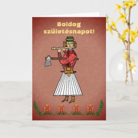 Hongaarse Folk Art Woodsman Gelukkige Verjaardag Kaart (Gele Bloem)