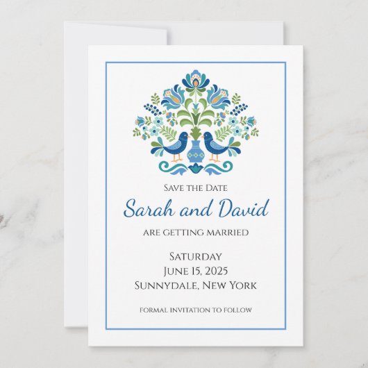 Hongaarse ontwerp blauwe vogels save the date (Voorkant)