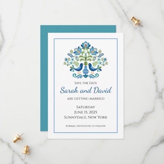 Hongaarse ontwerp blauwe vogels save the date (Voorkant / Achterkant in situ)