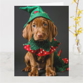 Hongaarse Vizla Elf Puppy Kerst Kaart (Gele Bloem)