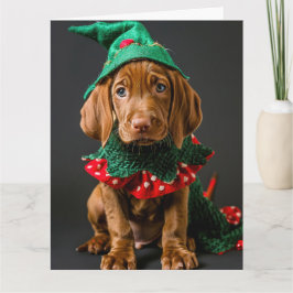 Hongaarse Vizla Elf Puppy Kerst Kaart