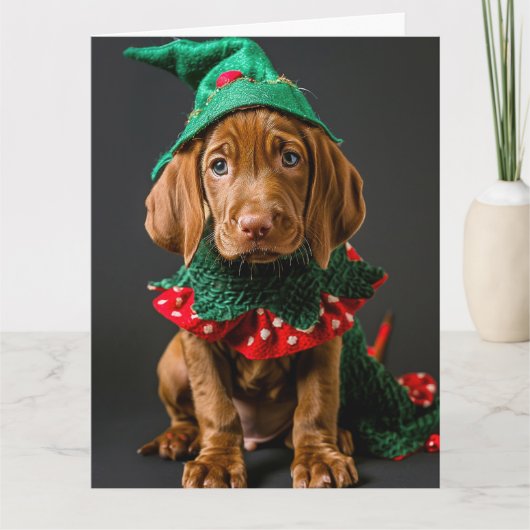 Hongaarse Vizla Elf Puppy Kerst Kaart (Voorkant)