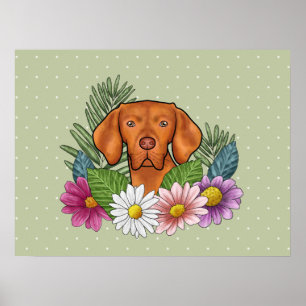 Hongaarse Vizsla en Kleurrijke Veldbloemen Groen Poster