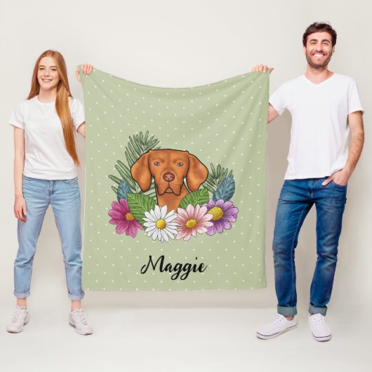 Hongaarse Vizsla en kleurrijke zomerbloemen groen Fleece Deken (In situ)