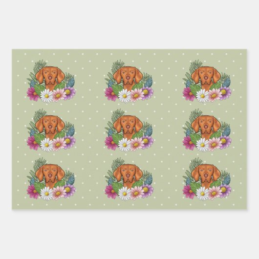 Hongaarse Vizsla en kleurrijke zomerbloemen groen Inpakpapier Vel (Voorkant 3)