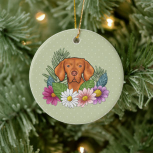 Hongaarse Vizsla En Kleurrijke Zomerbloemen Groen Keramisch Ornament