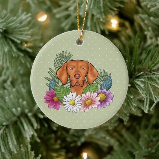 Hongaarse Vizsla en kleurrijke zomerbloemen groen Keramisch Ornament (Boom)