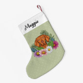 Hongaarse Vizsla en kleurrijke zomerbloemen groen Kleine Kerstsok (Achterkant (Hangend))