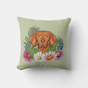 Hongaarse Vizsla En Kleurrijke Zomerbloemen Groen Kussen