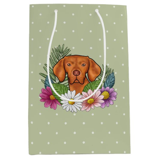 Hongaarse Vizsla en kleurrijke zomerbloemen groen Medium Cadeauzakje (Voorkant)