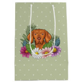 Hongaarse Vizsla en kleurrijke zomerbloemen groen Medium Cadeauzakje (Achterkant)