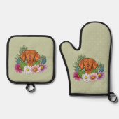 Hongaarse Vizsla en kleurrijke zomerbloemen groen Ovenwant & Pannenlap Set (Voorkant)