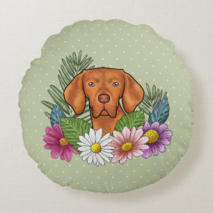 Hongaarse Vizsla en kleurrijke zomerbloemen groen Rond Kussen