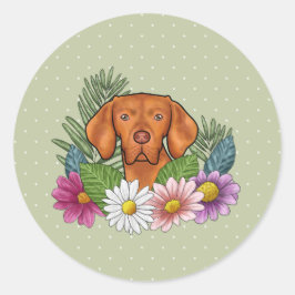 Hongaarse Vizsla en kleurrijke zomerbloemen groen Ronde Sticker