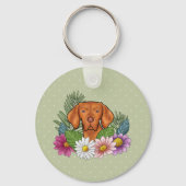 Hongaarse Vizsla en kleurrijke zomerbloemen groen Sleutelhanger (Voorkant)