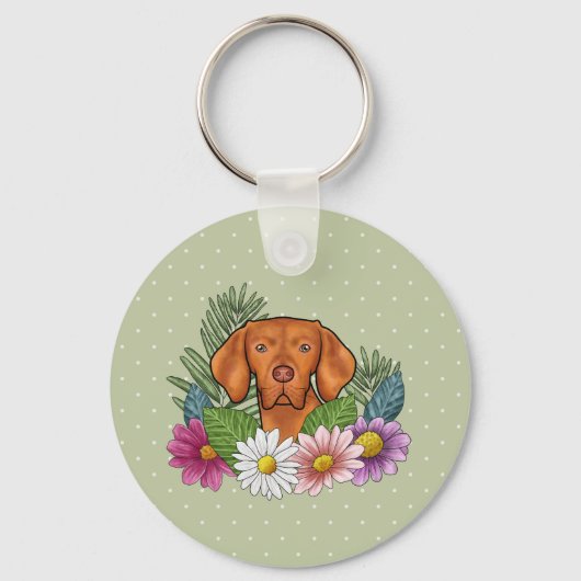 Hongaarse Vizsla en kleurrijke zomerbloemen groen Sleutelhanger (Voorkant)