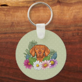 Hongaarse Vizsla en kleurrijke zomerbloemen groen Sleutelhanger (Voorkant)