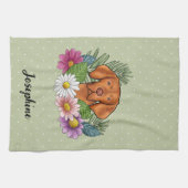 Hongaarse Vizsla en kleurrijke zomerbloemen groen Theedoek (Horizontaal)