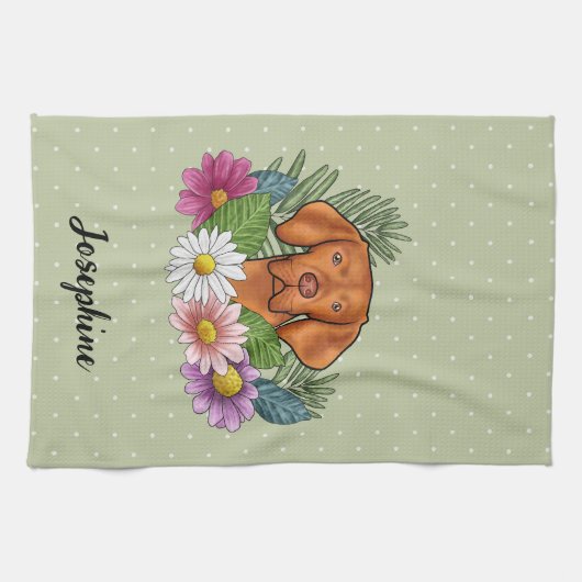 Hongaarse Vizsla en kleurrijke zomerbloemen groen Theedoek (Horizontaal)