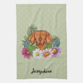 Hongaarse Vizsla en kleurrijke zomerbloemen groen Theedoek (Verticaal)