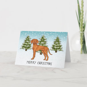 Hongaarse Vizsla Hond Besneeuwd Winterwoud En Teks Kaart