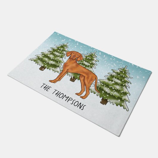 Hongaarse Vizsla Hond Sneeuwrijk Winterbos en naam Deurmat (Schuin)