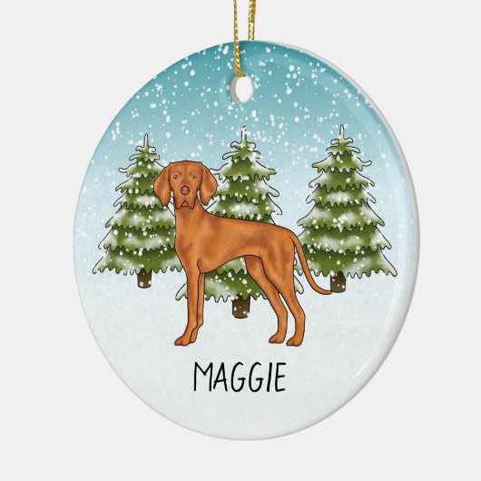 Hongaarse Vizsla Hond Sneeuwrijk Winterbos en naam Keramisch Ornament (Links)