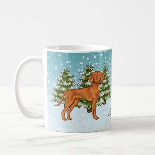Hongaarse Vizsla Hond Sneeuwrijk Winterbos en naam Koffiemok (Links)