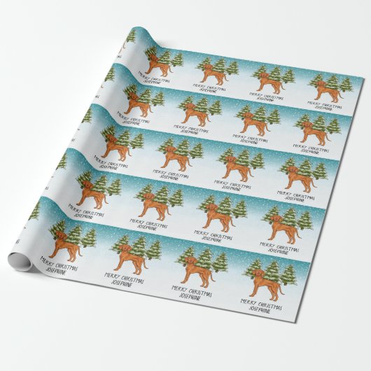 Hongaarse Vizsla Hond Sneeuwrijk Winterbos en teks Cadeaupapier (Uitgerold)