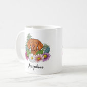 Hongaarse Vizsla met kleurrijke bloemen en naam Koffiemok (Voorkant links)