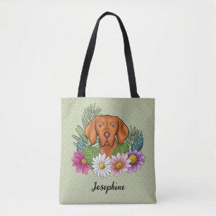 Hongaarse Vizsla Met Kleurrijke Bloemen En Naam Tote Bag