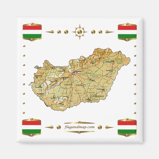 Hongarije Kaart + Vlaggen Magnet (Voorkant)