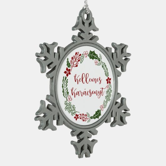 Hongarije Kerst met vrolijk kerstfeest Kellemes Ka Tin Sneeuwvlok Ornament (Links)